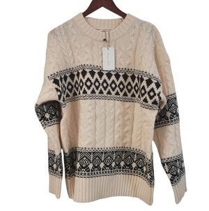 New Revolve Cream Black Fair Isle Cable Knit Sweater Winter Top Size Large